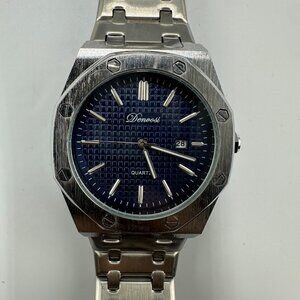 Denvosi Watch Men Silver Tone Blue Textured Dial 43MM New Battery 9 Inch
